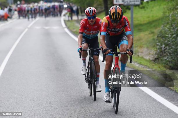 Lennert Van Eetvelt of Belgium and Team Lotto Dstny and Antonio Tiberi of Italy and Team Bahrain - Victorious compete in the breakaway during the...