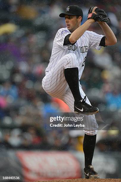 Jeff Francis of the Colorado Rockies delivers a pitch against the New York Yankees during the first inning May 9, 2013 at Coors Field.