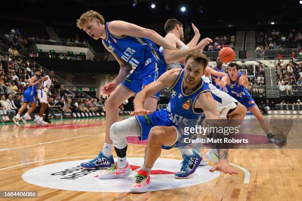 Rocco Zikarsky and Nathan Sobey of the Bullets in action during the 2023 NBL Blitz match between Brisbane Bullets and Melbourne United at Gold Coast...