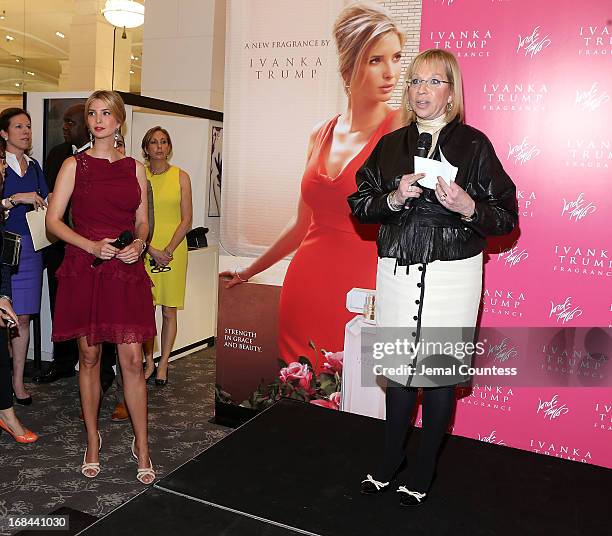 Socialite and entrepreneur Ivanka Trump and GVP of cosmetics at Lord & Taylor Barbara Zinn Moore greet customers during the launch her new fragrance...