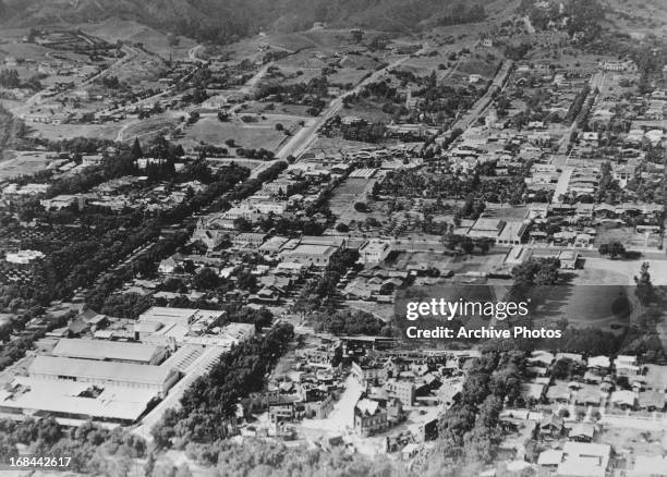 Aerial view of Sunset Boulevard and Vine Street, Hollywood, Los Angeles, California, circa 1920.