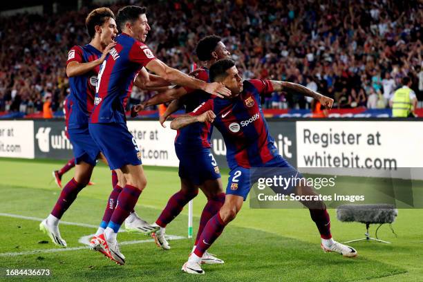 Joao Cancelo of FC Barcelona celebrates 3-2 with Alejandro Balde of FC Barcelona, Joao Felix of FC Barcelona, Robert Lewandowski of FC Barcelona...