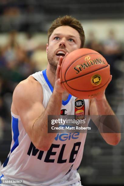 Matthew Dellavedova of Melbourne United shoots from the free throw line during the 2023 NBL Blitz match between Brisbane Bullets and Melbourne United...