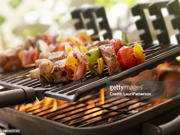 rindfleisch und gemüse kabobs auf ein barbecue im freien - vom holzkohlengrill stock-fotos und bilder