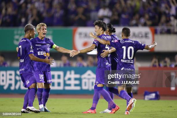 Mutsuki KATO of Sanfrecce Hiroshima celebrates scoring his sideʻs second goal with his team mates during the J.LEAGUE Meiji Yasuda J1 27th Sec. Match...