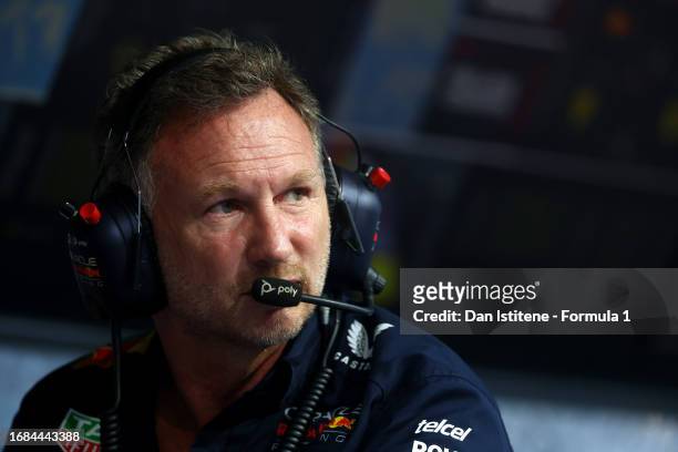 Red Bull Racing Team Principal Christian Horner looks on from the pitwall during final practice ahead of the F1 Grand Prix of Singapore at Marina Bay...