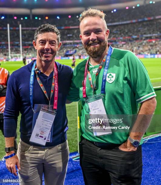 Paris , France - 23 September 2023; Northern Ireland golfer Rory McIlroy, left, and Ireland golfer Shane Lowry before the 2023 Rugby World Cup Pool B...