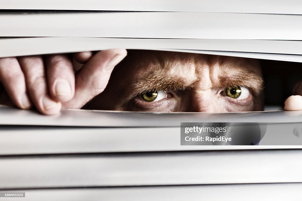 Desperate frowning man peeping out through venetian blinds