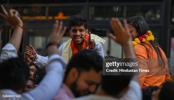 Candidates Tushar Dedha , Aprajiita, and Sachin Baisla celebrating after winning all the three posts in the Delhi University Students Union...