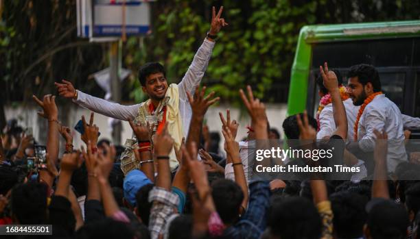 Candidates Tushar Dedha , Aprajiita, and Sachin Baisla celebrating after winning all the three posts in the Delhi University Students Union...