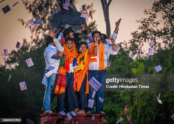 Candidates Tushar Dedha , Aprajiita, and Sachin Baisla celebrating after winning all the three posts in the Delhi University Students Union...