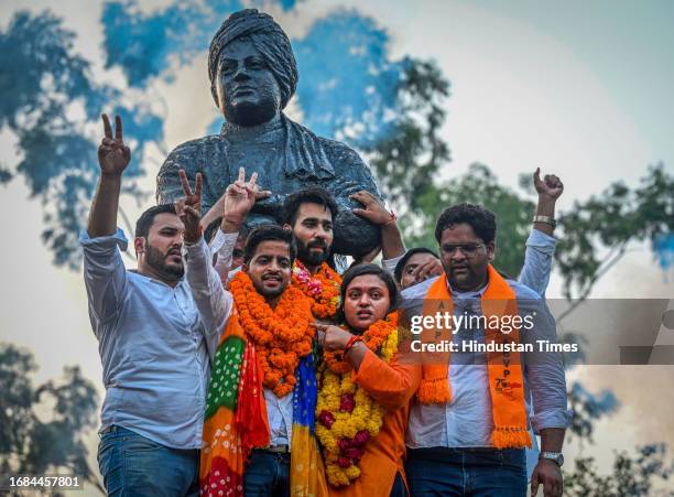 Candidates Tushar Dedha , Aprajiita, and Sachin Baisla celebrating after winning all the three posts in the Delhi University Students Union...