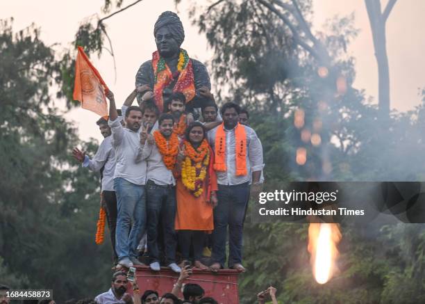 Candidates Tushar Dedha , Aprajiita, and Sachin Baisla celebrating after winning all the three posts in the Delhi University Students Union...