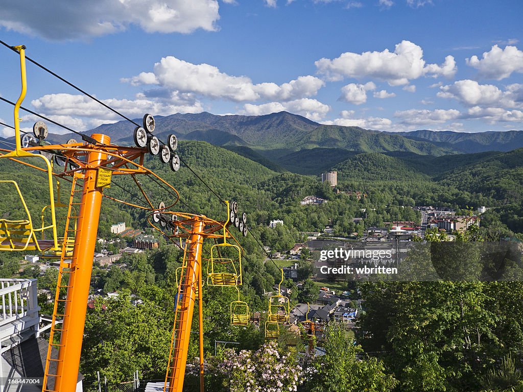 Ski lift overlooking the Smoky Mountains and Gatlinburg