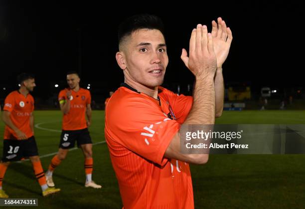 Joe Caletti of Brisbane applauds fans after his team's victory during the Australia Cup 2023 Quarter Final match between Brisbane Roar and Western...