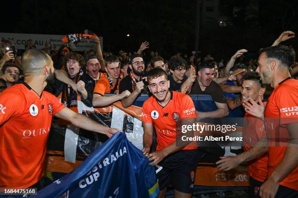 Brisbane Roar celebrate with fans during the Australia Cup 2023 Quarter Final match between Brisbane Roar and Western Sydney Wanderers at Perry Park,...