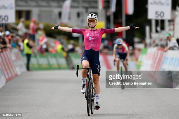Demi Vollering of The Netherlands and Team SD Worx - Pink UCI Women’s WorldTour Leader Jersey celebrates at finish line as stage winner during the...