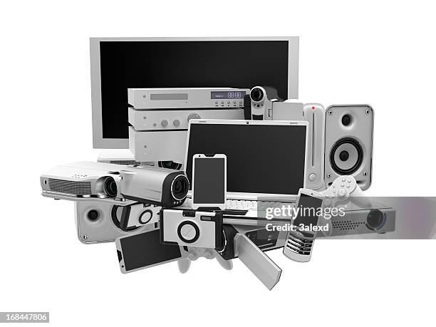 digital image of many different silver and black electronics - liquid crystal display stock pictures, royalty-free photos & images