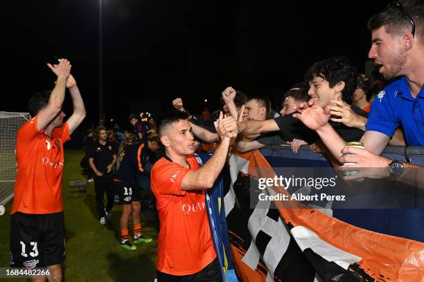 Joe Caletti of Brisbane celebrates with fans during the Australia Cup 2023 Quarter Final match between Brisbane Roar and Western Sydney Wanderers at...