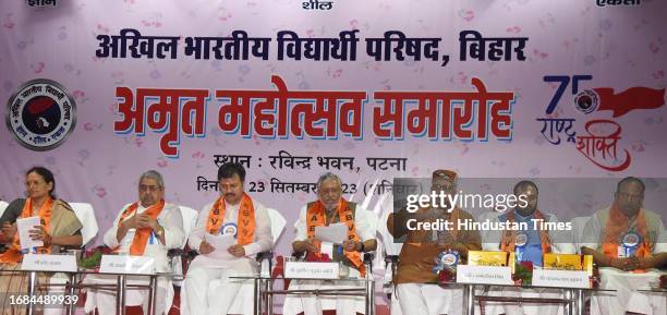 Sushil Kumar Modi and others during Amrit Mahotsav Samaroh of Akhil Bharatiya Vidyarthi Parishad at Rabindra Bhawan on September 23, 2023 in Patna,...