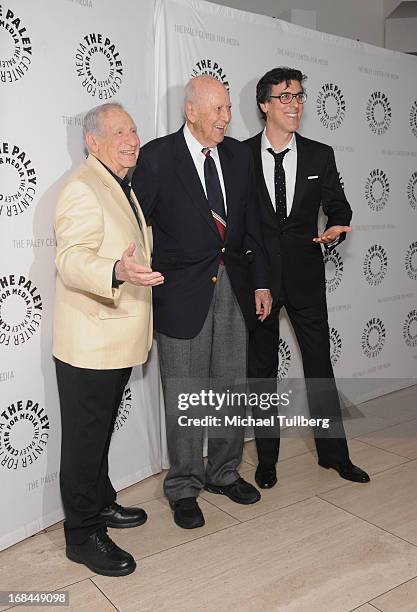 Comedians Mel Brooks and Carl Reiner and director Robert Trachtenberg arrive at the premiere of the TV special "American Masters Mel Brooks: Make A...