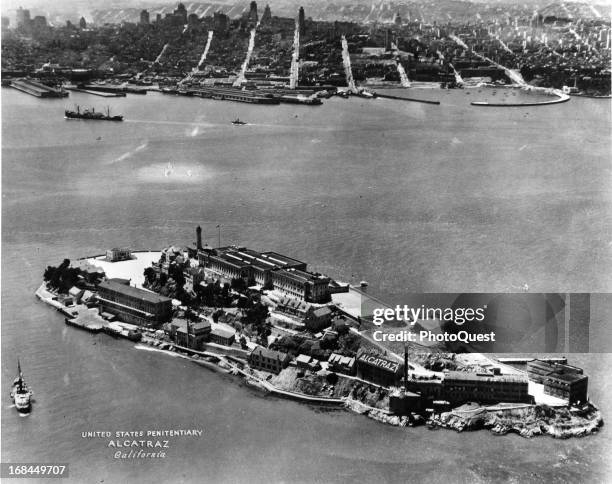 Aerial view of Alcatraz Prison, San Francisco, California, circa 1940.