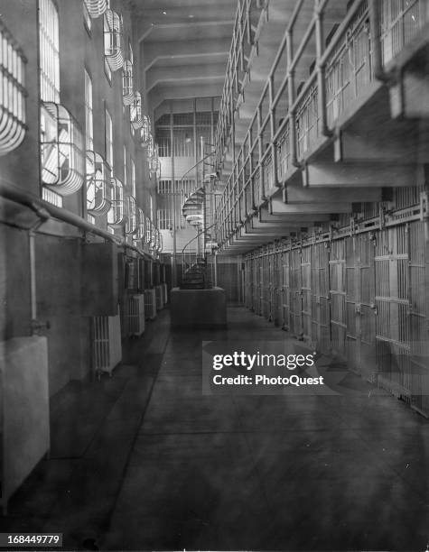 Corridor of Cell Block 'A' in Alcatraz Prison, San Francisco, California, circa 1955.