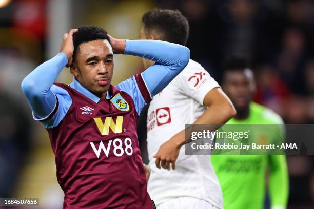 Aaron Ramsey of Burnley reacts during the Premier League match between Burnley FC and Manchester United at Turf Moor on September 23, 2023 in...