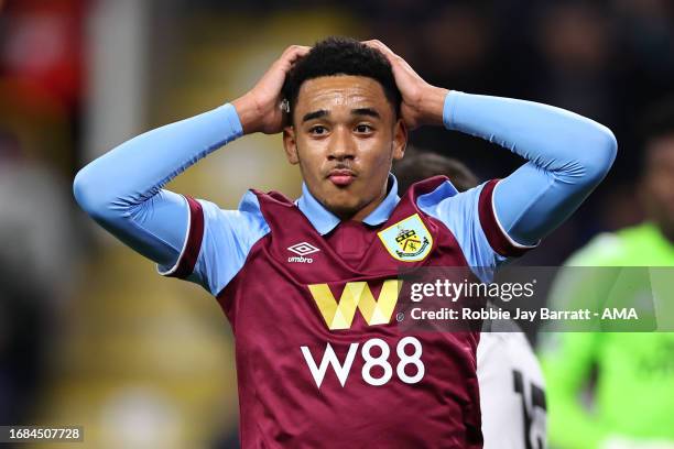 Aaron Ramsey of Burnley reacts during the Premier League match between Burnley FC and Manchester United at Turf Moor on September 23, 2023 in...