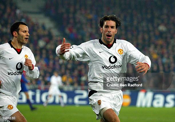 Ruud Van Nistelrooy and Ryan Giggs of Manchester United celebrate the equalising goal during the FC Basel v Manchester United UEFA Champions League,...