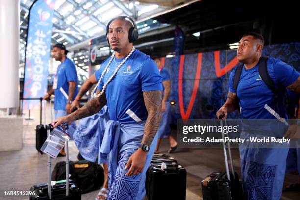 Ed Fidow of Samoa arrives at the stadium prior to the Rugby World Cup France 2023 match between Samoa and Chile at Nouveau Stade de Bordeaux on...