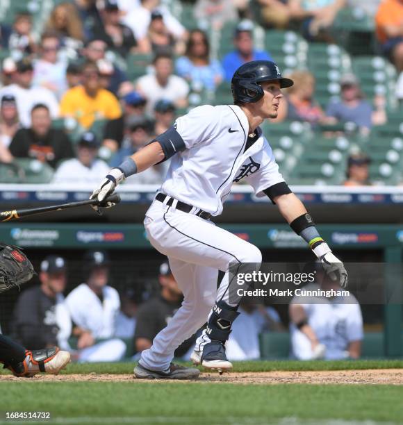 Nick Maton of the Detroit Tigers bats during the game against the San Francisco Giants at Comerica Park on April 15, 2023 in Detroit, Michigan. All...