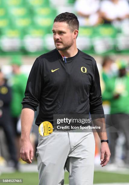 Oregon Ducks head coach Dan Lanning watched pre-game drills during a PAC-12 conference football game between the Colorado Buffaloes and Oregon Ducks...