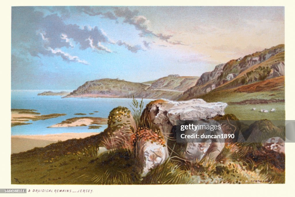 Rozel Bay and Druidical remains, Jersey, Channel Islands, neolithic stones, Victorian landscape art 19th Century