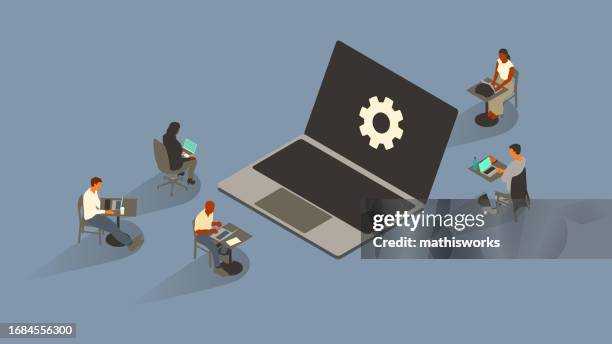 einstellungen auf dem laptop - diversity people engineering stock-grafiken, -clipart, -cartoons und -symbole