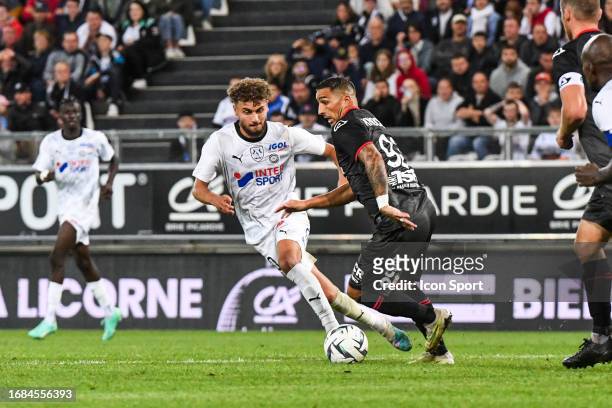 Anthony KNOCKAERT of Valenciennes and Kylian KAIBOUE of Amiens during the Ligue 2 BKT match between Amiens Sporting Club and Valenciennes Football...
