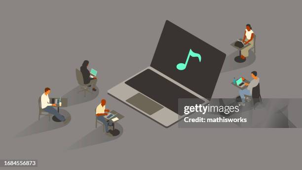 music note on laptop - saas stock illustrations