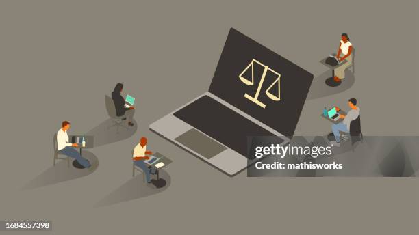 legal on laptop - lady justice technology stock illustrations