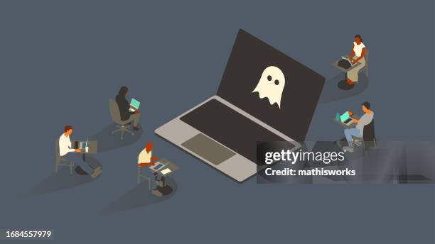 ghost auf dem laptop - mathisworks business stock-grafiken, -clipart, -cartoons und -symbole