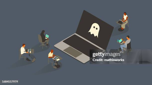 ilustraciones, imágenes clip art, dibujos animados e iconos de stock de ghost en el portátil - mathisworks business