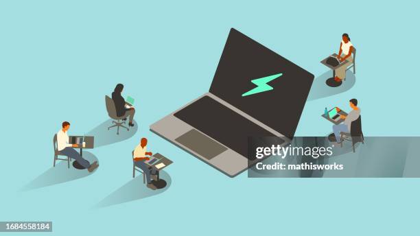 lightning bolt on laptop - isometric laptop stock illustrations