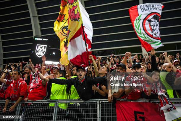 Fans of Valenciennes during the Ligue 2 BKT match between Amiens Sporting Club and Valenciennes Football Club on September 23, 2023 at Stade Credit...