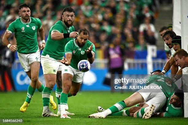 Ireland's scrum-half Jamison Gibson-Park clears the ball out of a ruck during the France 2023 Rugby World Cup Pool B match between South Africa and...