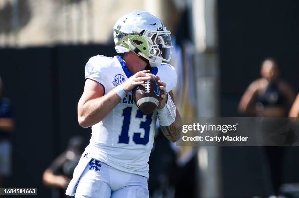 Devin Leary of the Kentucky Wildcats looks to pass the ball in the second half against the Vanderbilt Commodores at FirstBank Stadium on September...