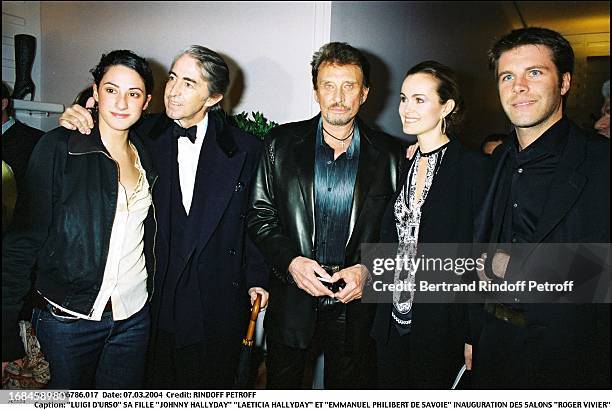 Luigi D'Urso, daughter, Johnny and Laeticia Hallyday and Emmanuel Philibert De Savoie at Inauguration Of Roger Vivier Salon .