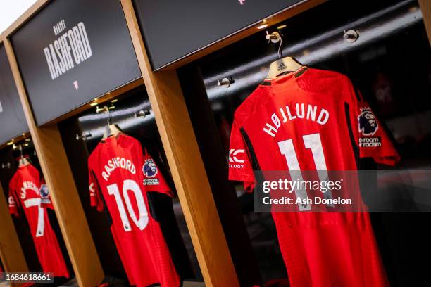 General view inside the Manchester United dressing room prior to the Premier League match between Manchester United and Brighton & Hove Albion at Old...