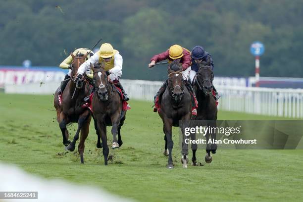 Tom Marquand riding Iberian win The Betfred Champagne Stakes at Doncaster Racecourse on September 16, 2023 in Doncaster, England.