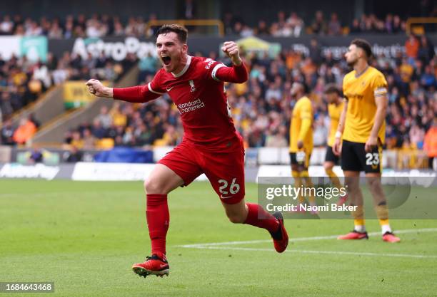 Andrew Robertson of Liverpool celebrates after scoring their sides second goal during the Premier League match between Wolverhampton Wanderers and...