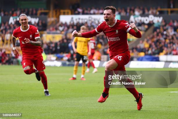 Andrew Robertson of Liverpool celebrates after scoring their sides second goal during the Premier League match between Wolverhampton Wanderers and...