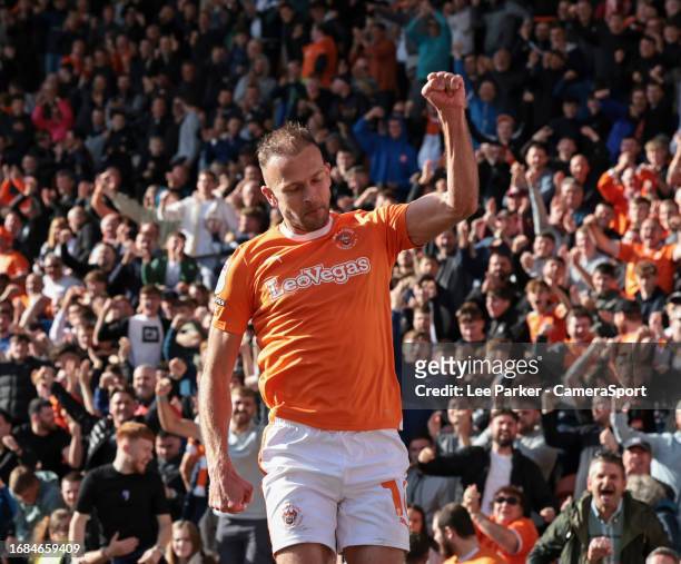 Blackpool's Jordan Rhodes celebrates scoring his side's fourth goal and completing his hat-trick during the Sky Bet League One match between...